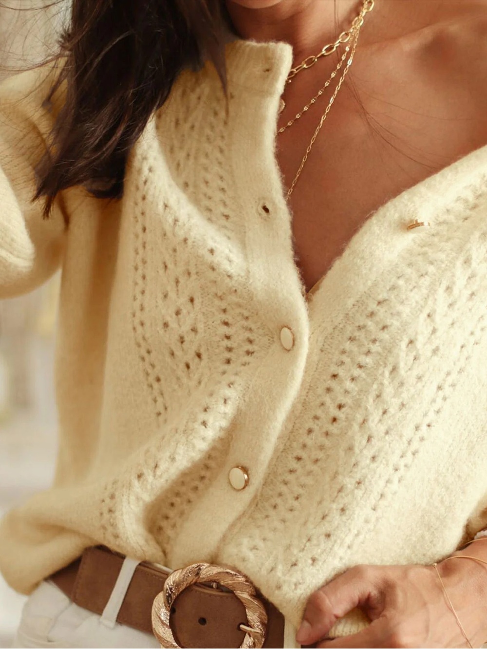 RIHOAS Yellow Round Neck Hip Knit Cardigan - Picture 2 of 3